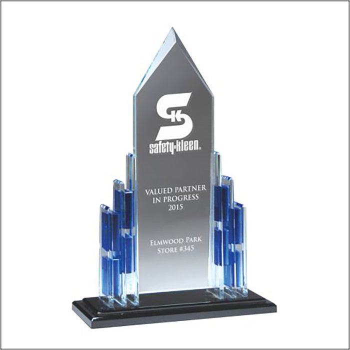 Elegant Blue Crystal Cathedral Award on Black Crystal Base